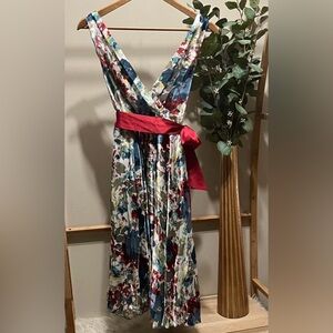 Lapis Satin Floral V-Neck Midi Dress with Red Sash